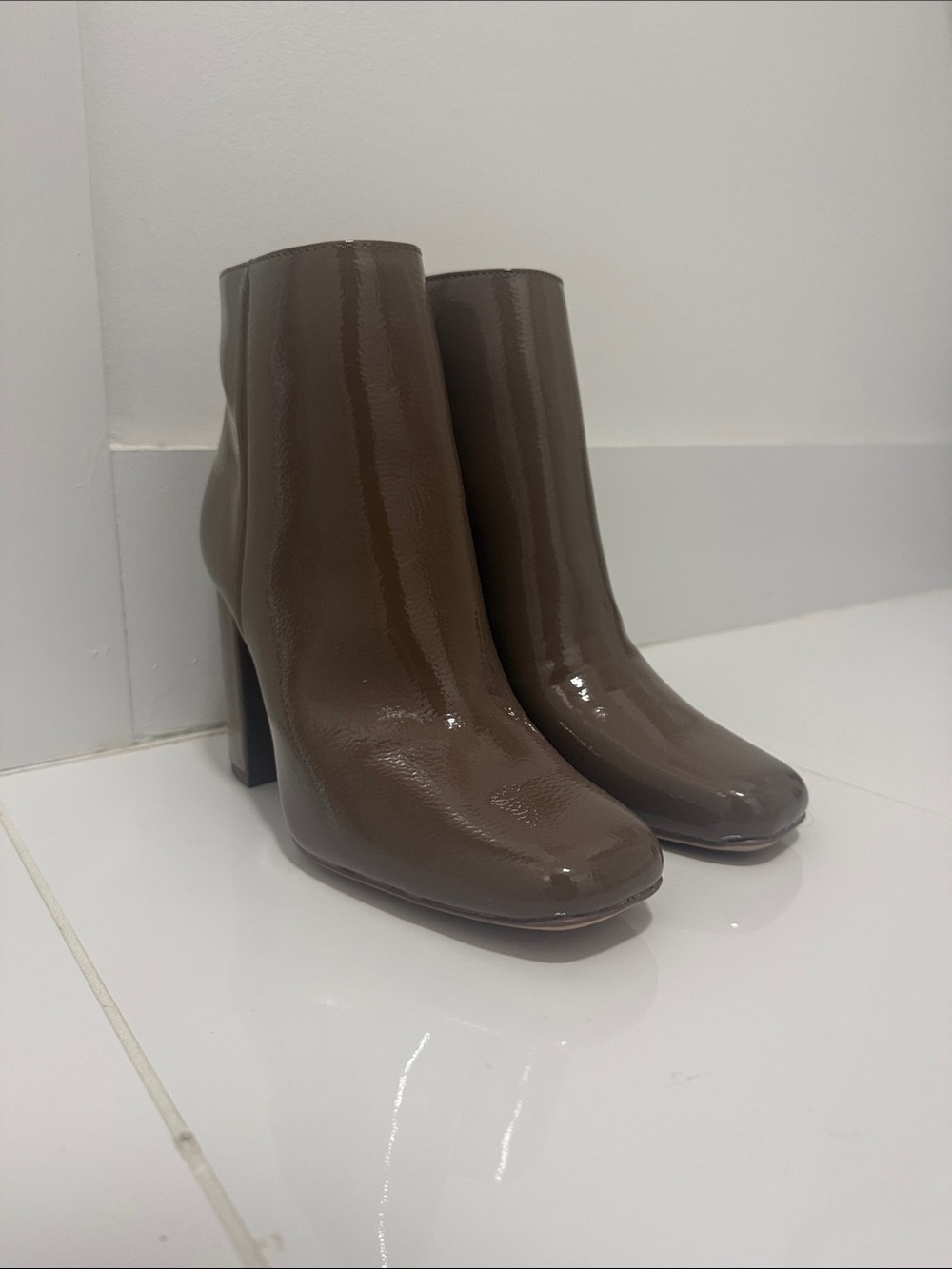 Patent Taupe High Block Heel Ankle Boots